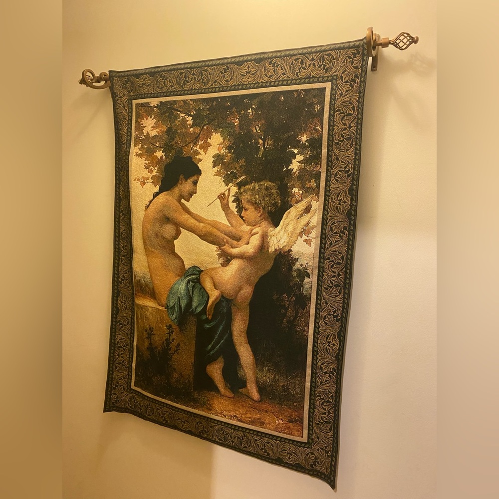 Tapestry Girl defending herself against love. 100% Cotton. 36”Wx50”L